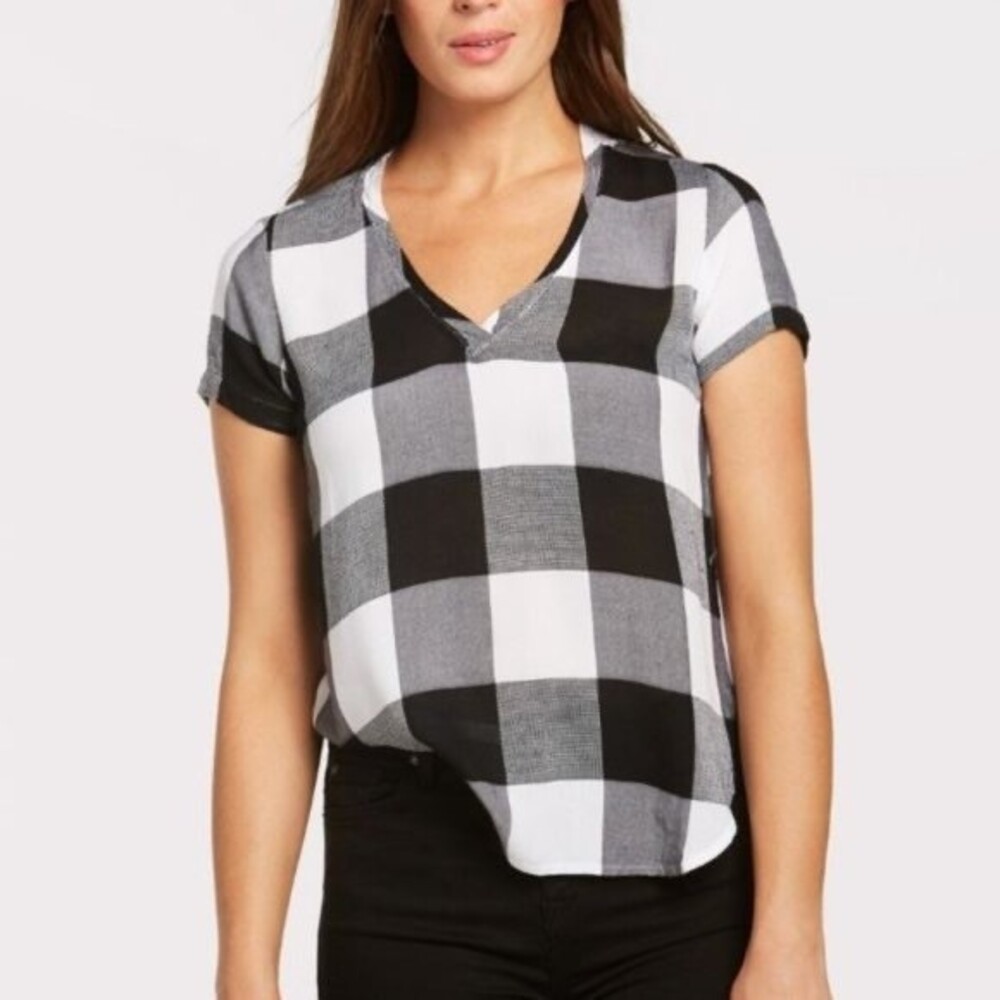 Anthropologie Cloth & Stone Buffalo Check V Neck Short Sleeve Boho Casual Top